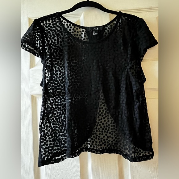 Forever 21 Tops - Forever 21 Sheer Black Polka Dot Short Sleeved Crop Top Shirt Size Large